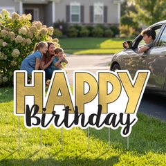 Black and Gold "Happy Birthday" Glitter Yard Sign with Stakes