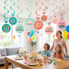 Happy Cake Day Spiral Hanging Decorations - Colorful Birthday Swirls, 12-Pack
