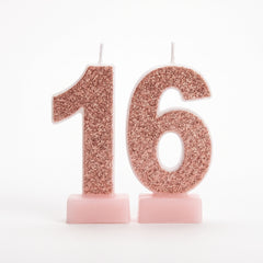 Sweet Sixteen Glitter Number Candles, Rose Gold, 4.5-Inch, Set of 2
