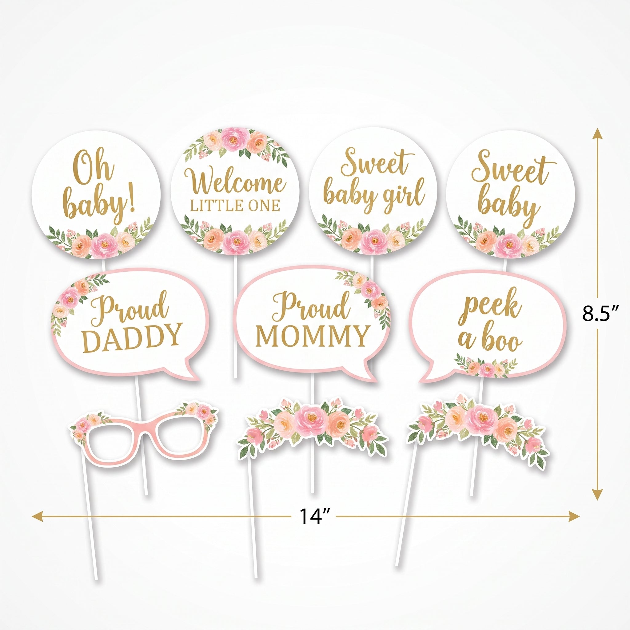 Floral Baby Shower Photo Booth Props - 13 Pack