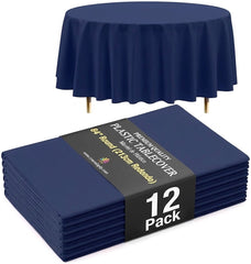 Premium Round Navy Blue Plastic Table Covers | 12 Pack | 84 in.