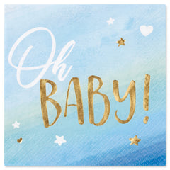 Oh Baby Blue & Gold Beverage Napkins for Baby Shower - 5 In. X 5 In.