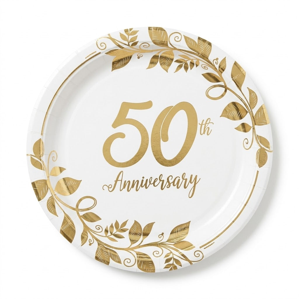 50th Anniversary Round Metallic Paper Plates, 7-Inch, 8-Pack