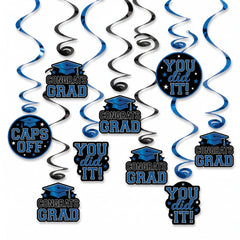 Blue "Congrats Grad" Swirl Hanging Decorations - 12 Pack