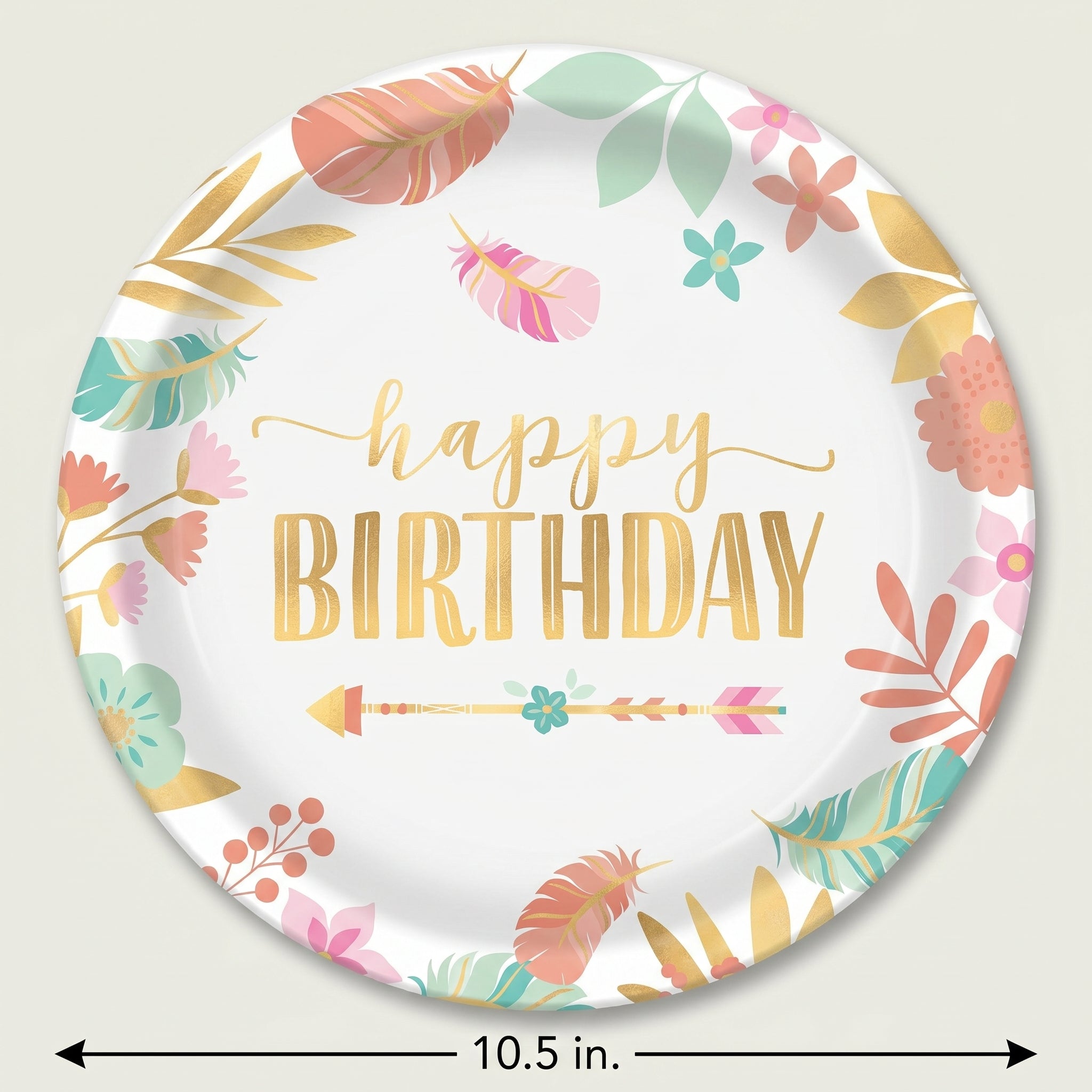 Boho Chic Happy Birthday Metallic Dinner Plates, 10.5-Inch, 8-Pack
