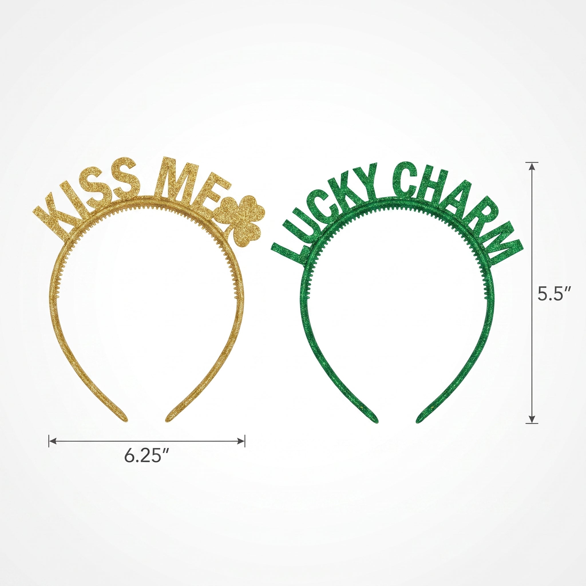 St. Patrick's Day Glitter Headbands - "Kiss Me" and "Lucky Charm", 6 Pack