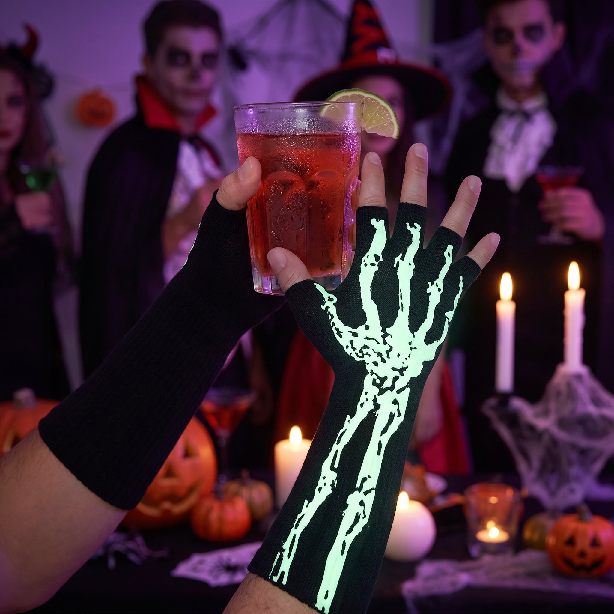 Glow-in-the-Dark Skeleton Fingerless Gloves - Adult Halloween Accessory