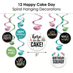 Happy Cake Day Spiral Hanging Decorations - Colorful Birthday Swirls, 12-Pack
