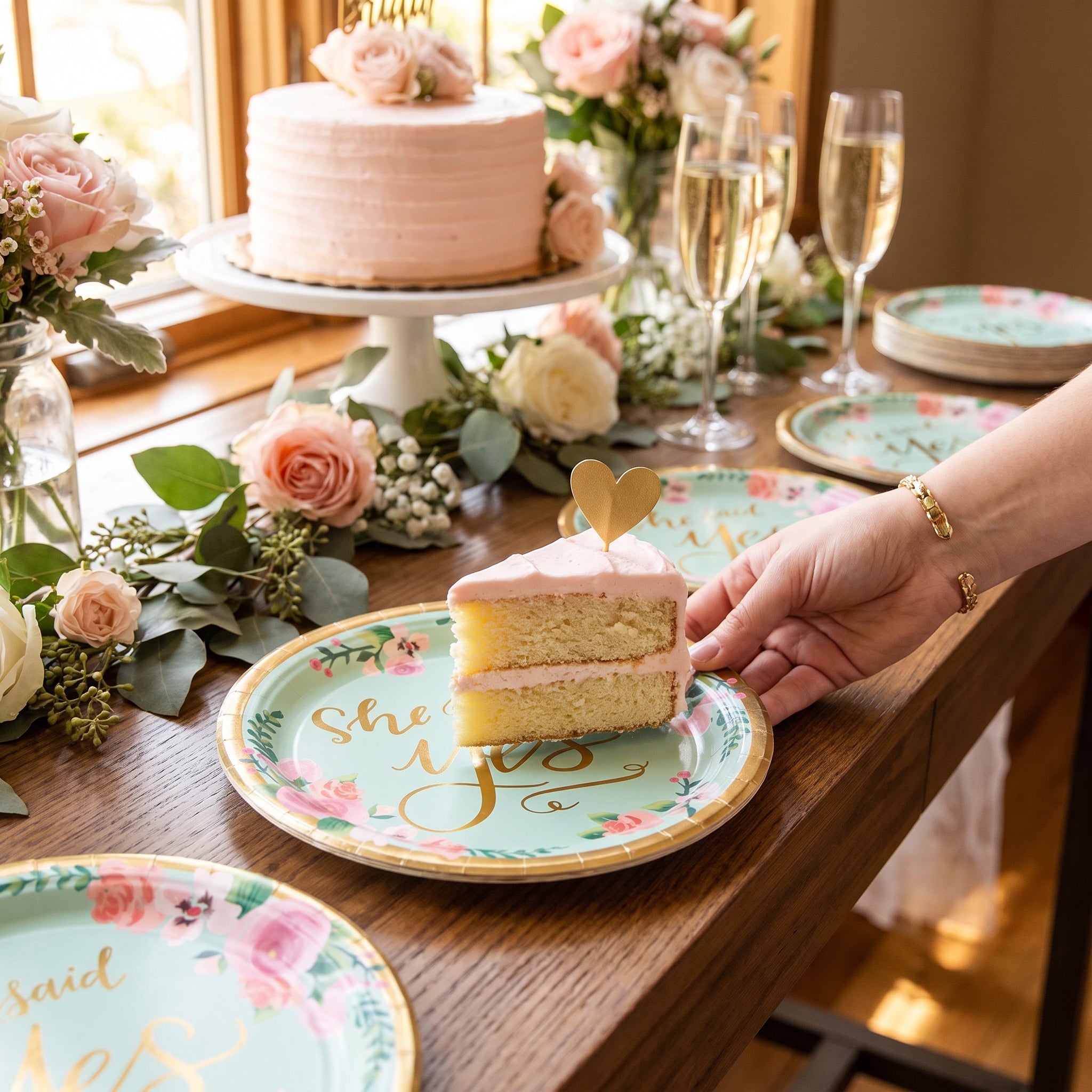 "She Said Yes" Floral 7" Round Metallic Mint Dessert Plates - 8 Pack