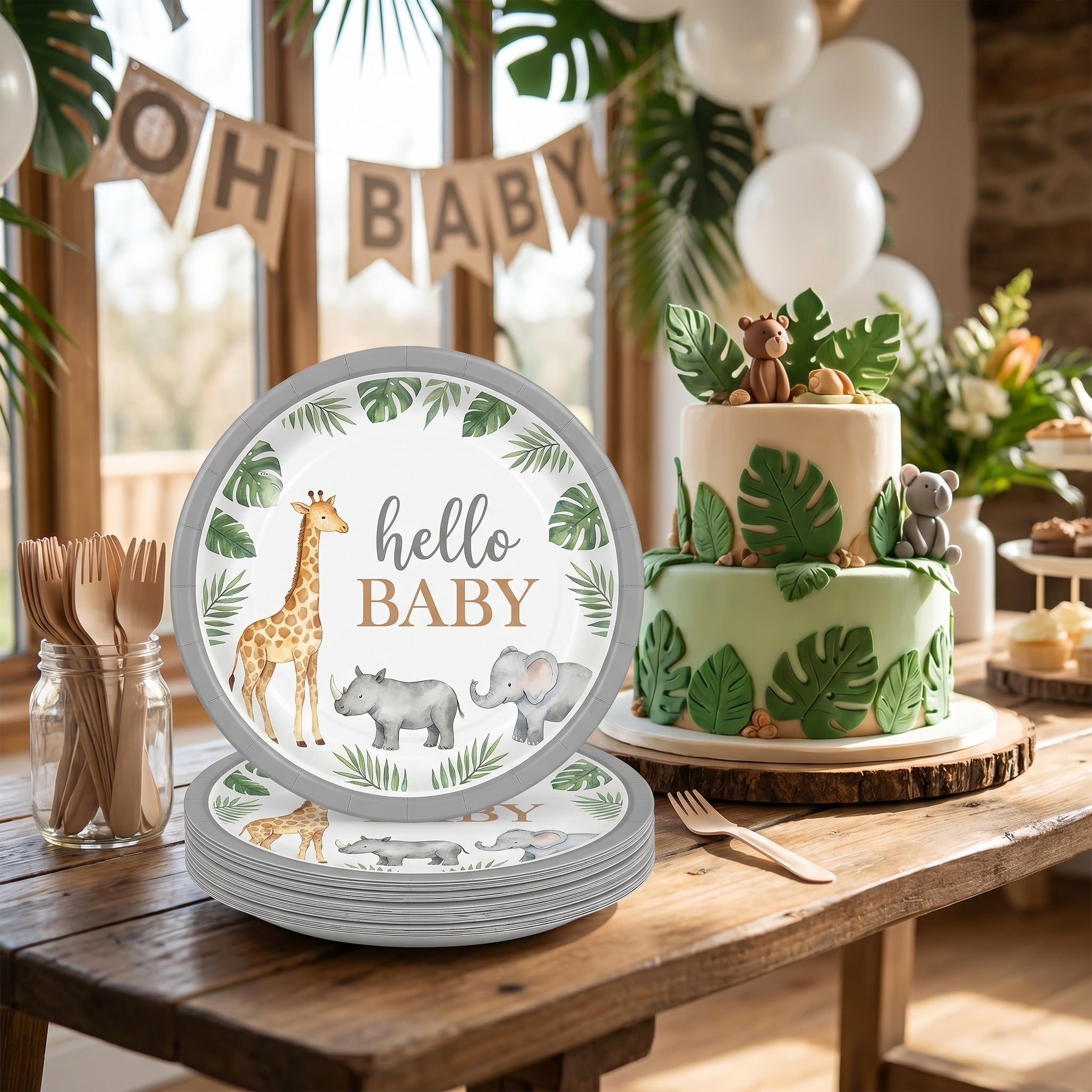 Soft Jungle Baby Shower Round Paper Plates - 10.5-Inch - 10.5 in.