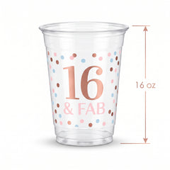 "16 & Fab" Sweet Sixteen Plastic Cups - 16 oz, 20 Pack