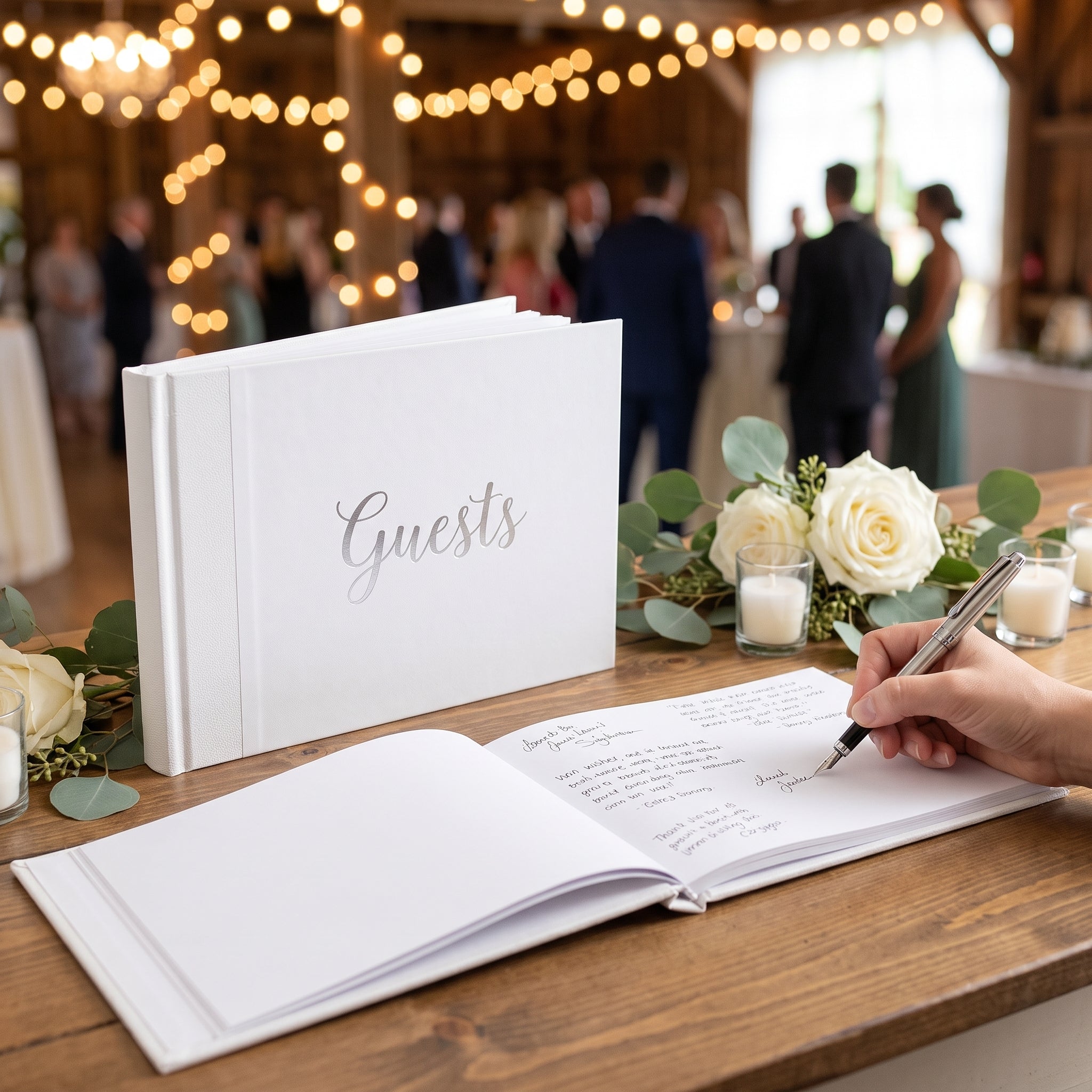 Elegant White Guest Book with Silver Detail for Weddings