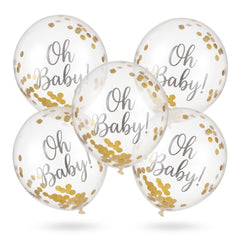 "Oh Baby!" Gold Confetti Latex Balloons - 12" - 5 Pack