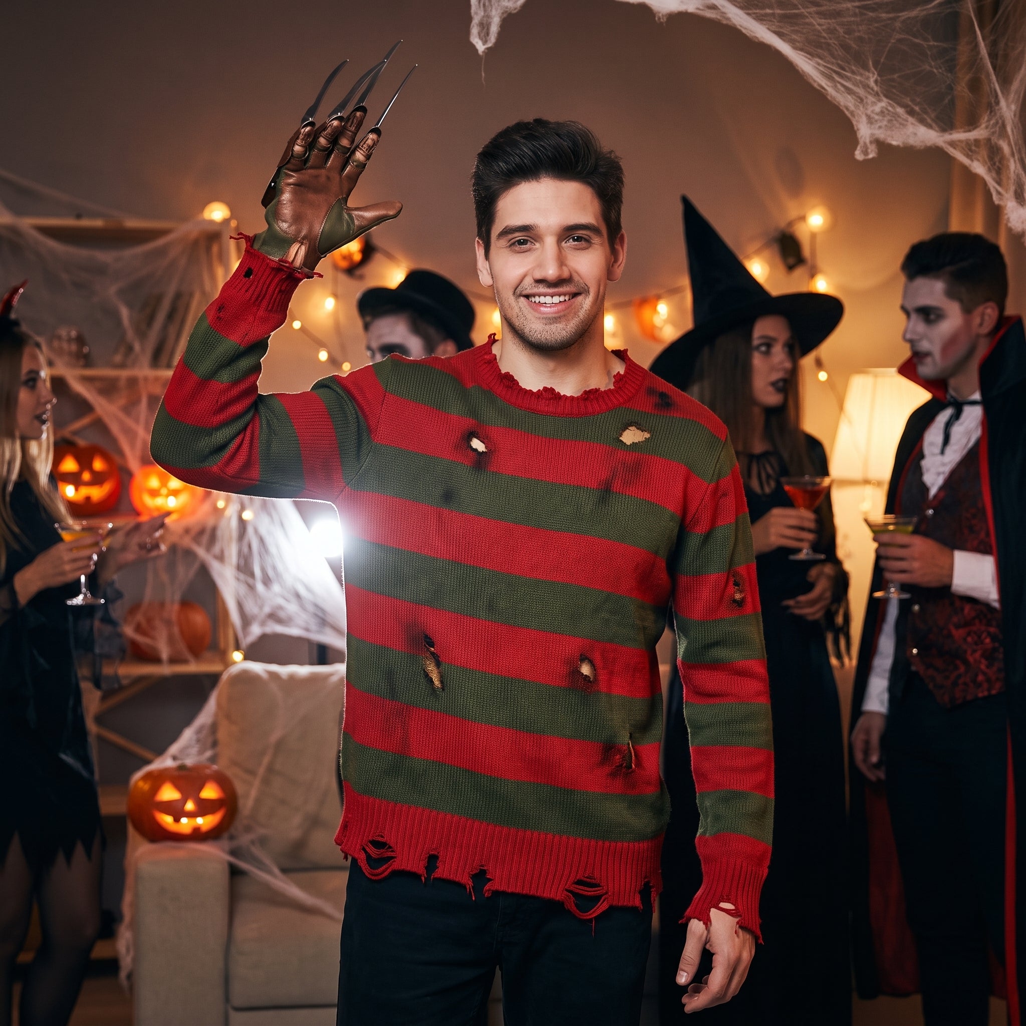 Freddy Krueger Halloween Sweater - Red/Green Striped Adult L/XL