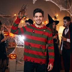 Freddy Krueger Halloween Sweater - Red/Green Striped Adult L/XL