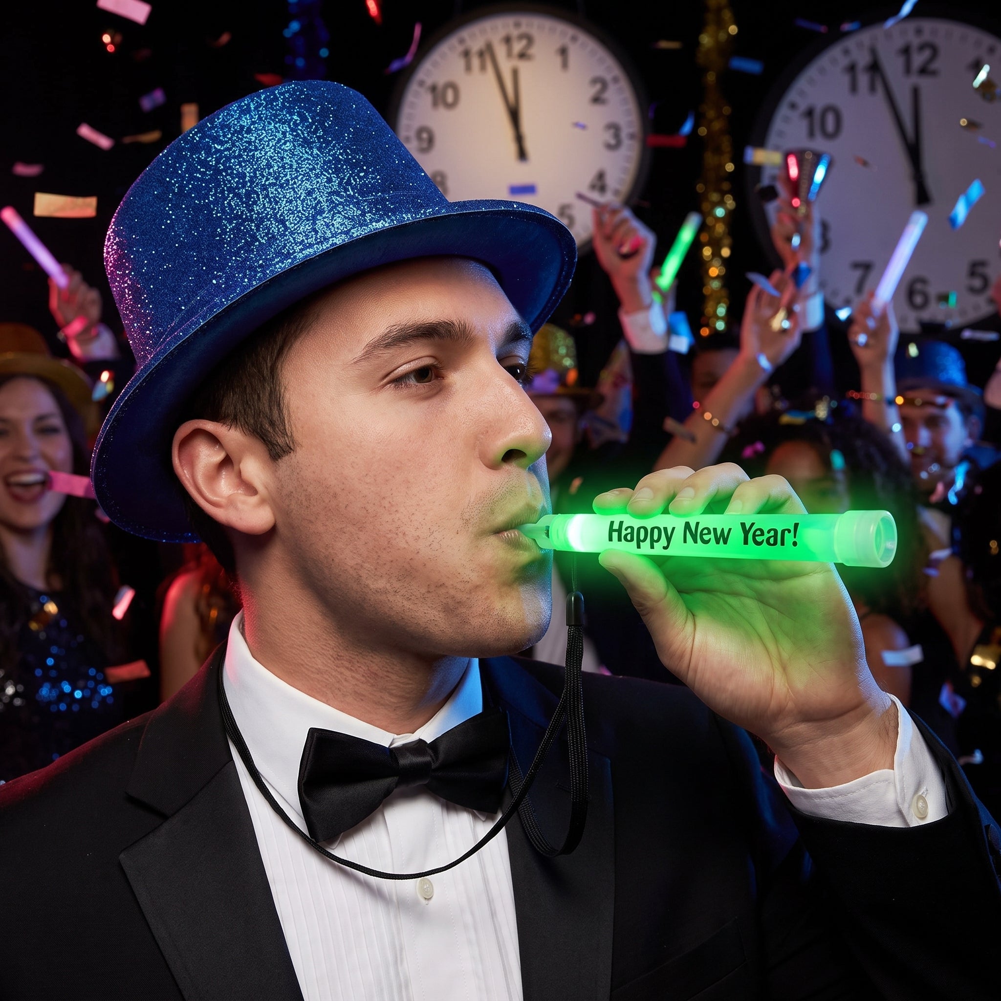 "Happy New Year" Multi-Colored Glow Stick Whistle Necklaces - 6 Pack