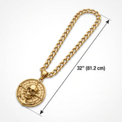 Pirate Compass Skull Medallion Necklace - 32" Gold Costume Accessory