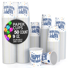 9 Oz. Blue Birthday Print Paper Cups - 50 Ct.