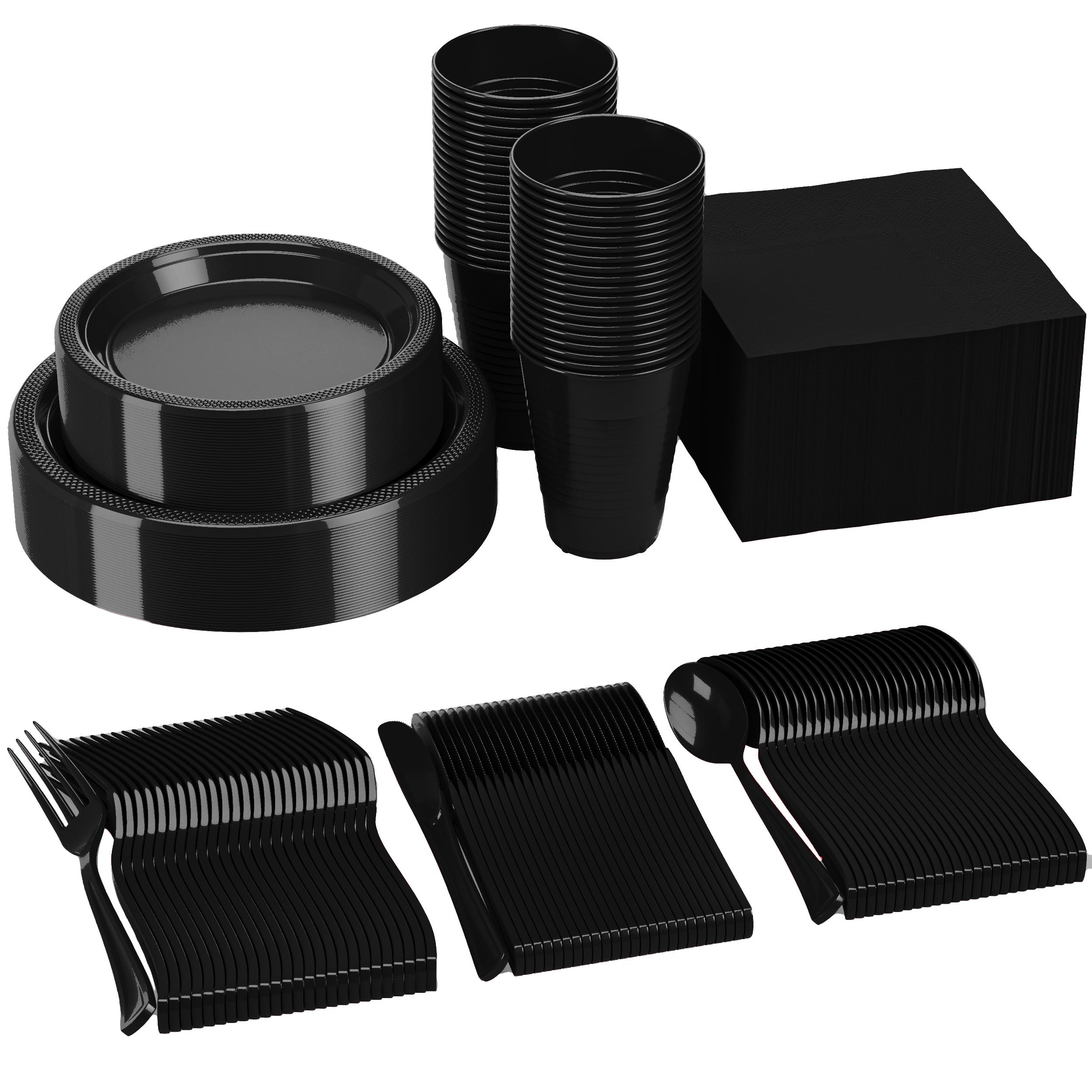 182 Pcs Black Plastic Dinnerware Set | Setting for 26