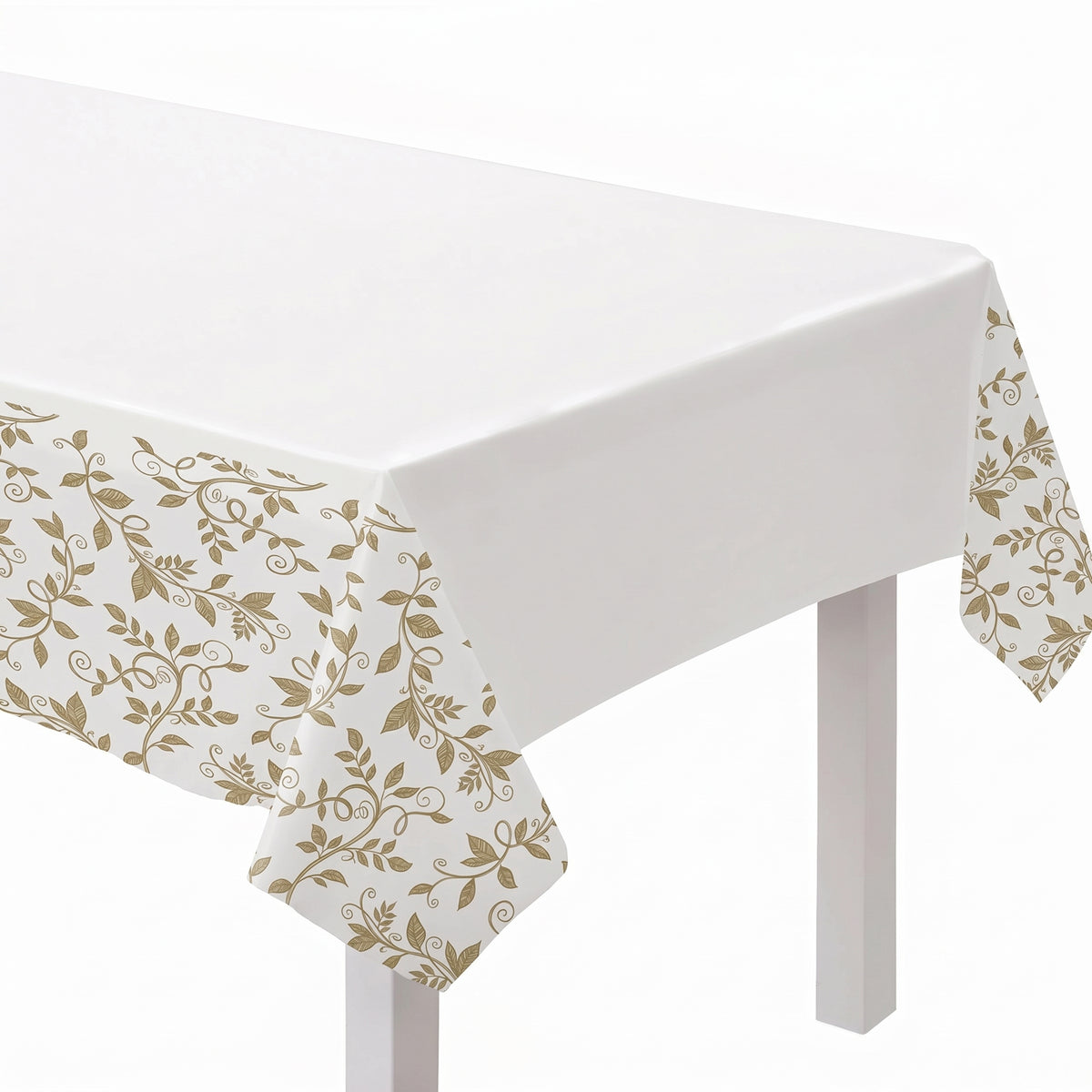 50th Anniversary White and Gold Plastic Table Cover - Elegant Floral Vine Rectangular Party Tablecloth, Wipeable Disposable Tablecloth for Wedding Anniversary Decor, 54 x 102
