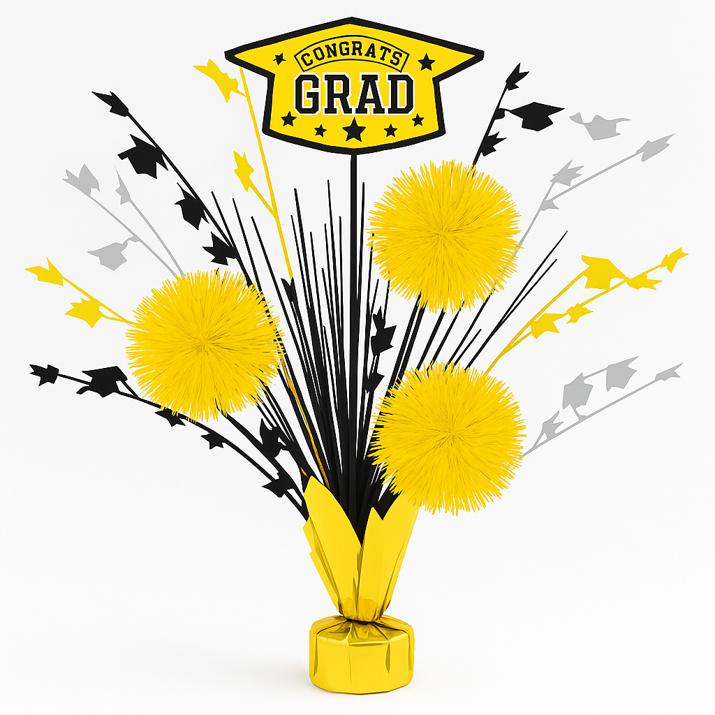 Yellow Graduation Tinsel Burst Centerpiece with "Congrats Grad" Sign