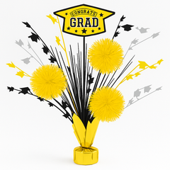 Yellow Graduation Tinsel Burst Centerpiece with "Congrats Grad" Sign
