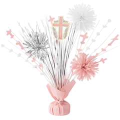 Pink Tinsel Burst Centerpiece for First Communion Celebrations