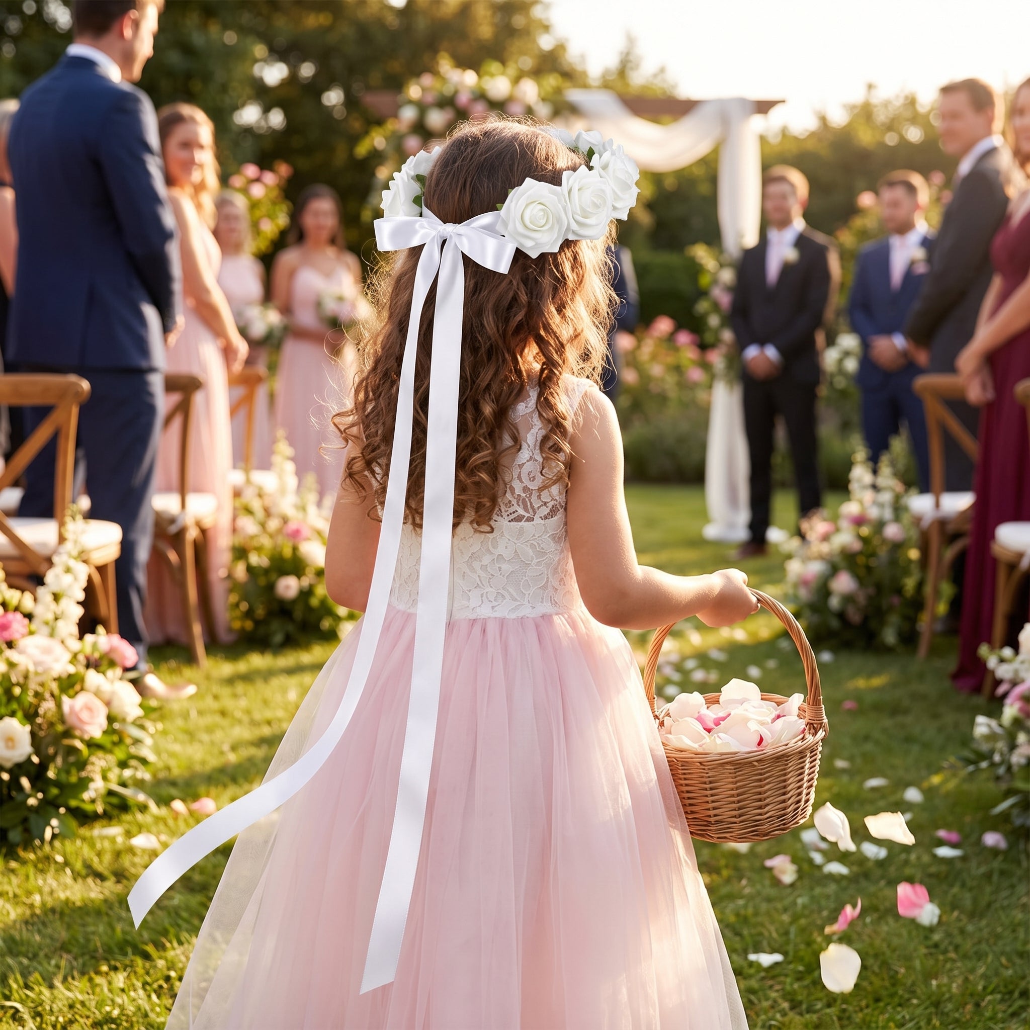 White Flower Girl Floral Wreath Headband with Ribbon