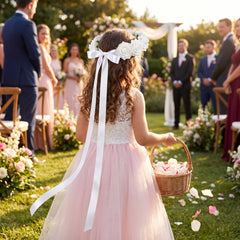 White Flower Girl Floral Wreath Headband with Ribbon
