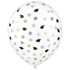 Graduation Celebration Latex Balloons - 12" Confetti Grad Cap Design, 6-Pack