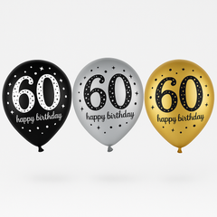 Sparkling Celebration 60th Birthday Latex Balloons - Black, Gold & Silver, 12-Inch, 15-Pack