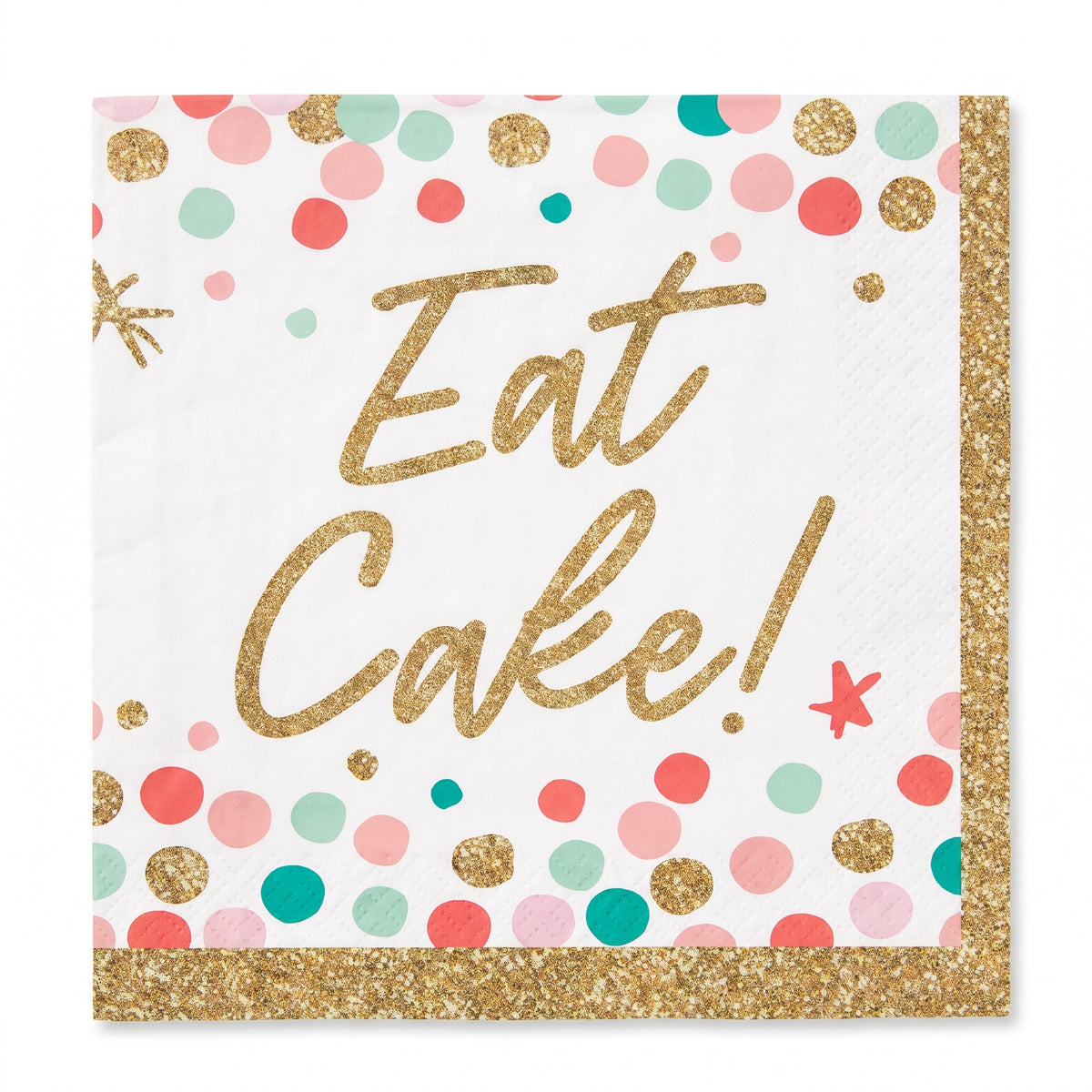 "Eat Cake!" Birthday Beverage Napkins - Gold & Pastel Confetti, 36-Pack - 5 In. X 5 In.