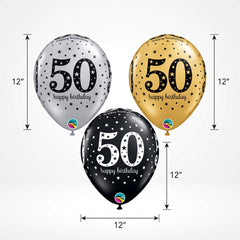 Sparkling 50th Birthday Latex Balloons, Black/Gold/Silver, 12-Inch, 15-Pack