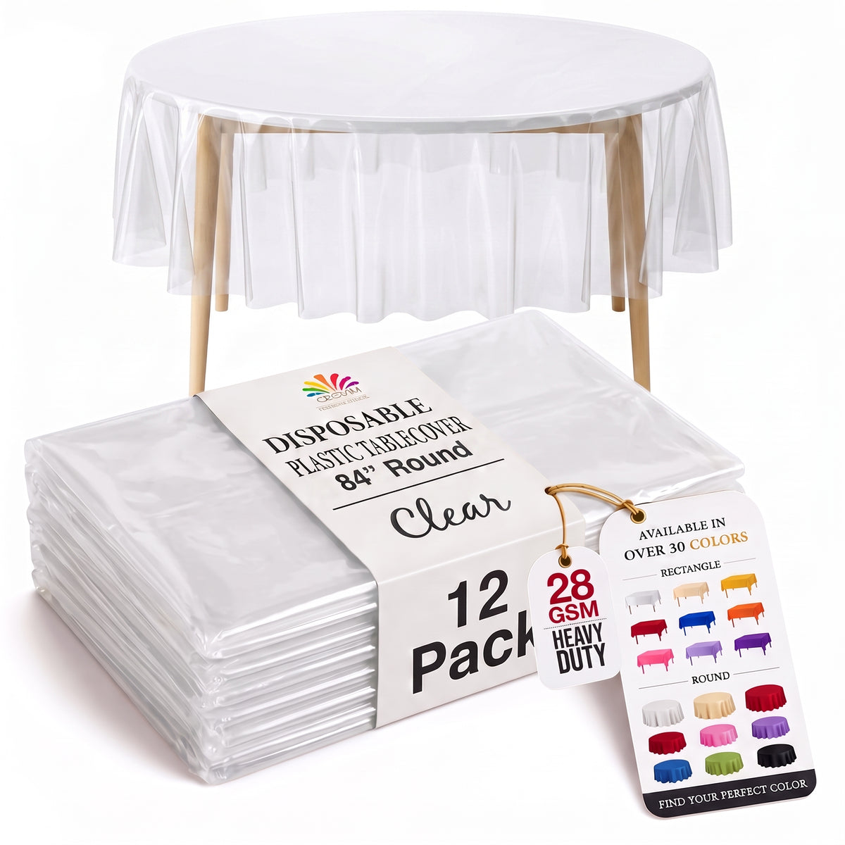 Round Clear Plastic Table Covers | 12 Pack | 84 in.