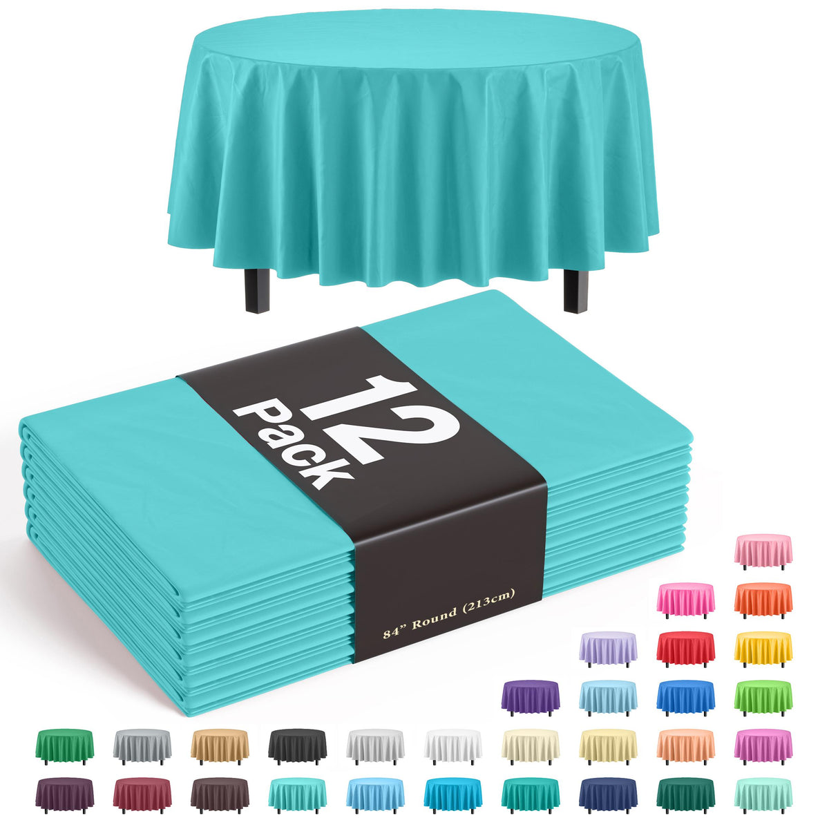 Round Aqua Blue Plastic Table Covers | 12 Pack