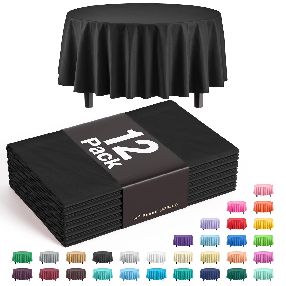 Premium Round Black Plastic Table Covers | 12 Pack