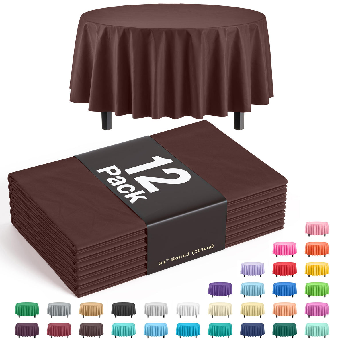 Premium Round Brown Plastic Table Covers | 12 Pack