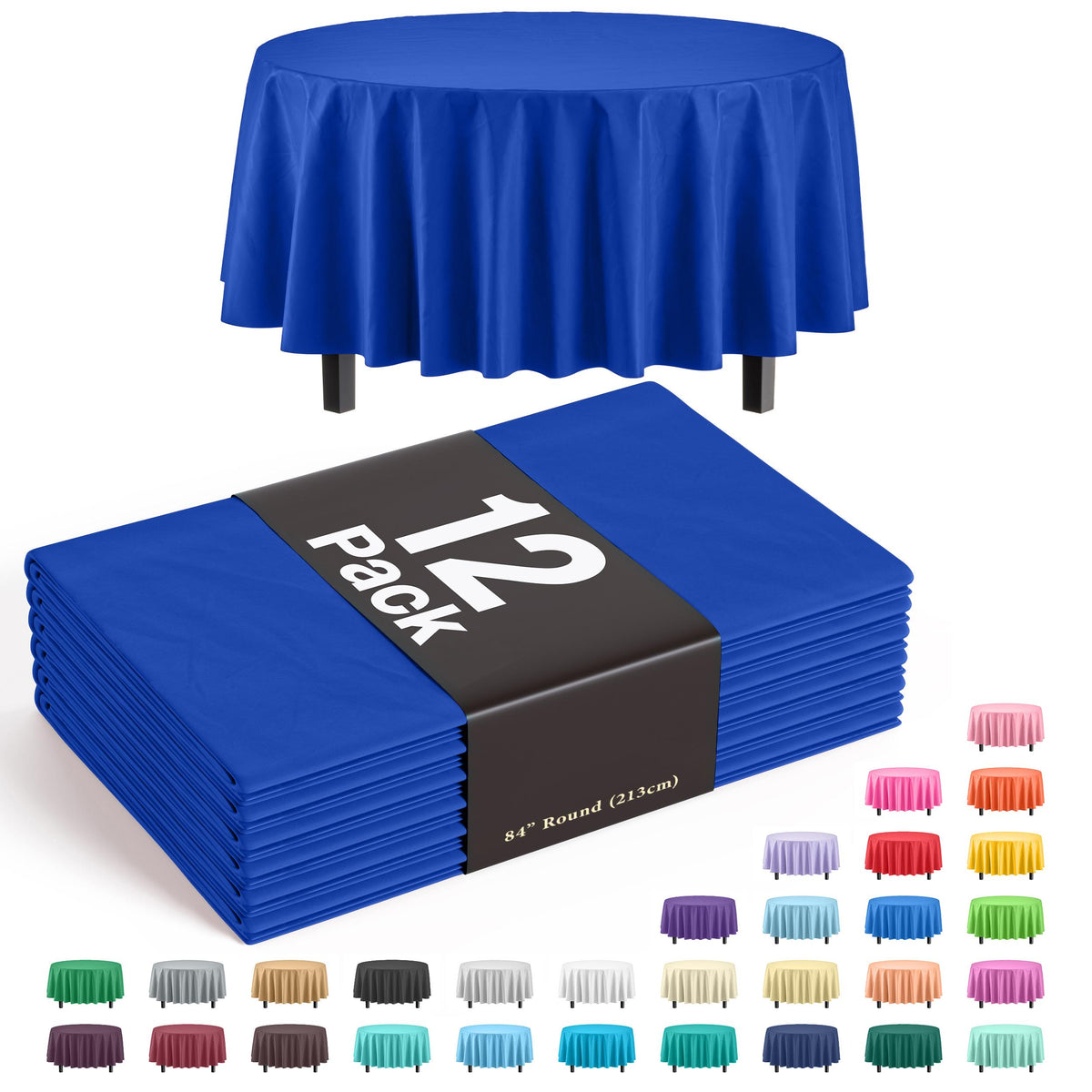 Round Dark Blue Plastic Table Covers | 12 Pack