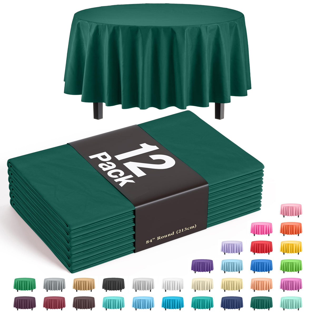 Round Dark Green Plastic Table Covers | 12 Pack