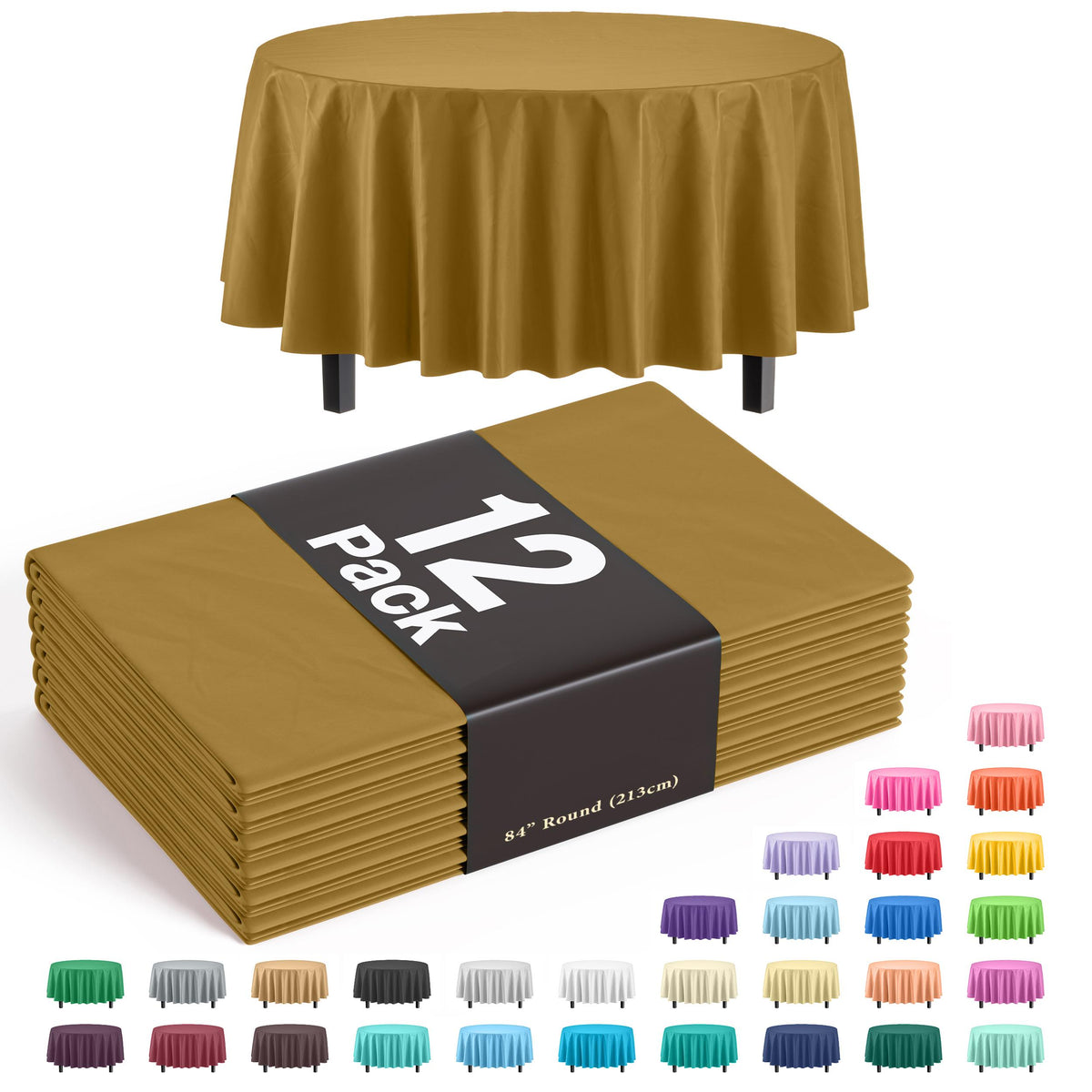 Premium Round Gold Plastic Table Covers | 12 Pack