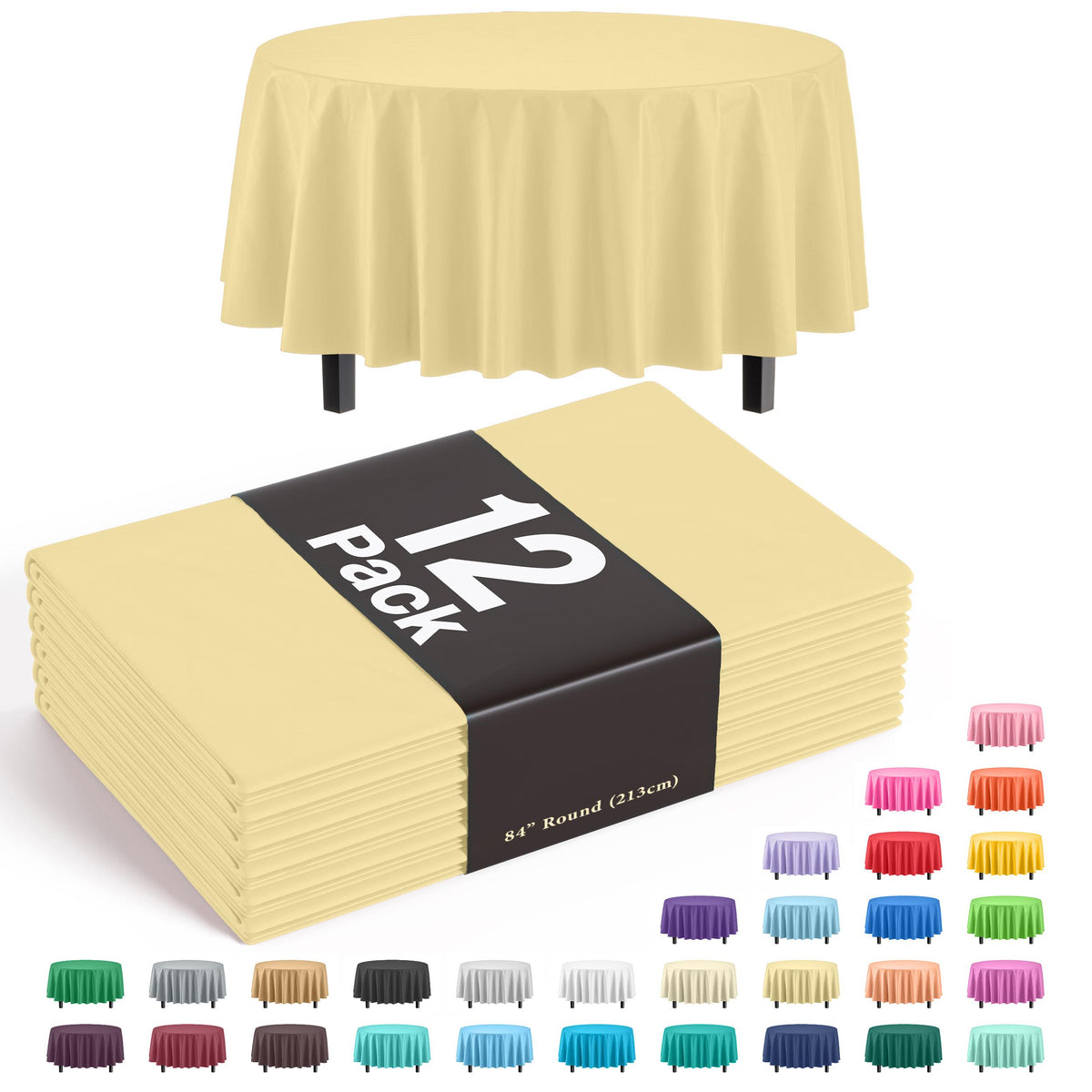 Premium Round Light Yellow Plastic Table Covers | 12 Pack