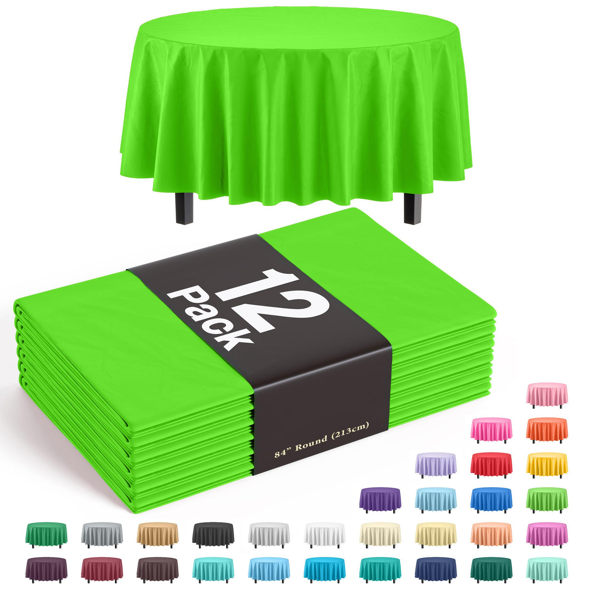 Premium Round Lime Green Plastic Table Covers | 12 Pack