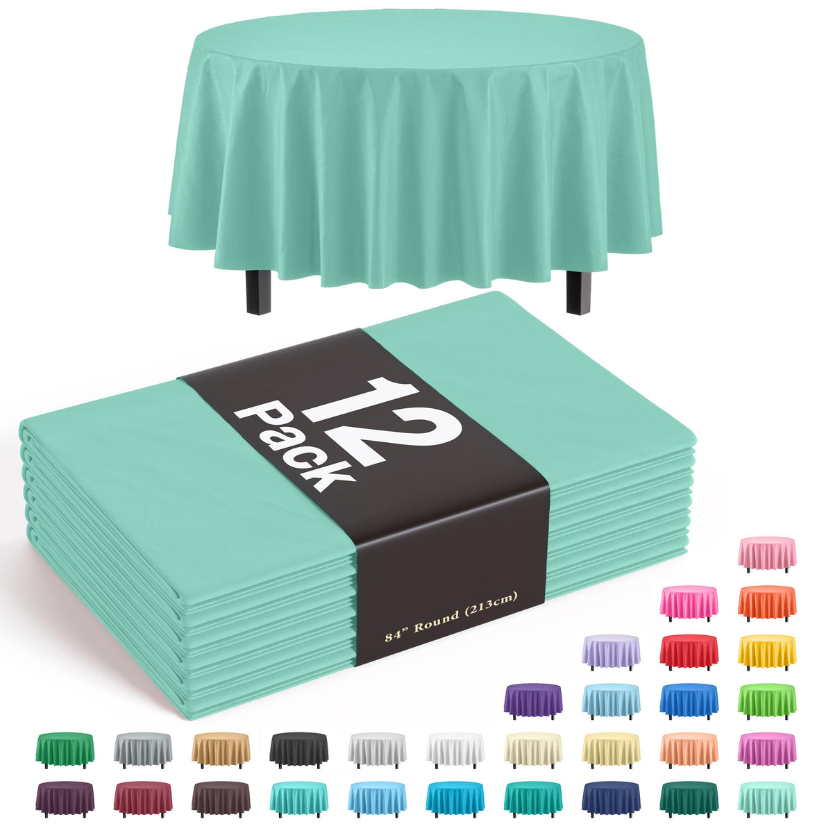 Round Mint Plastic Table Covers | 12 Pack