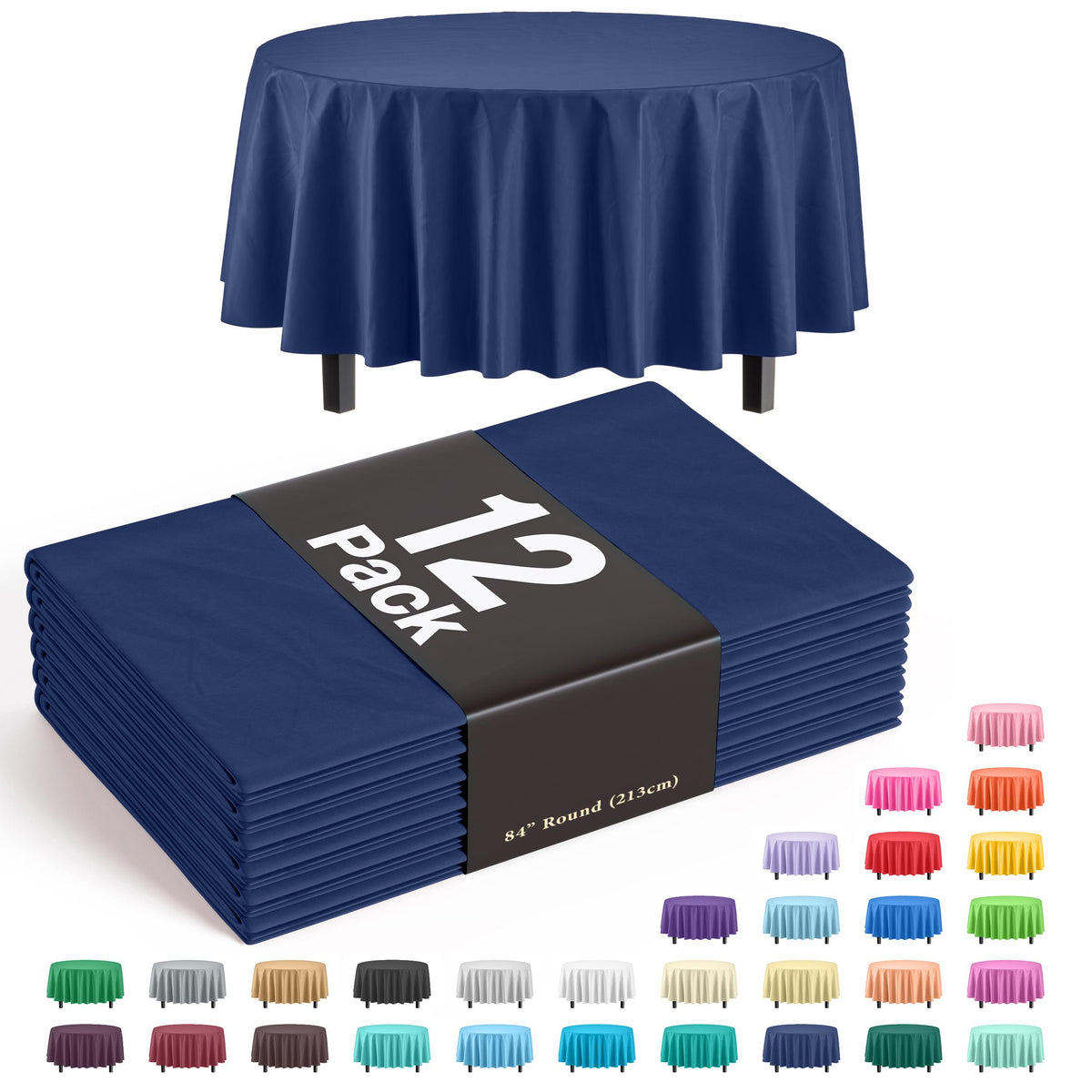 Premium Round Navy Blue Plastic Table Covers | 12 Pack