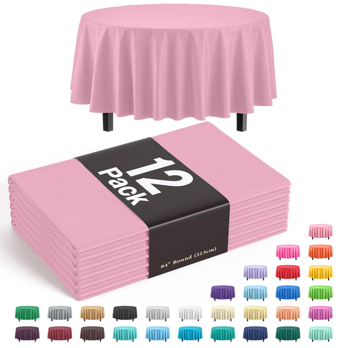 Round Pink Plastic Table Covers | 12 Pack