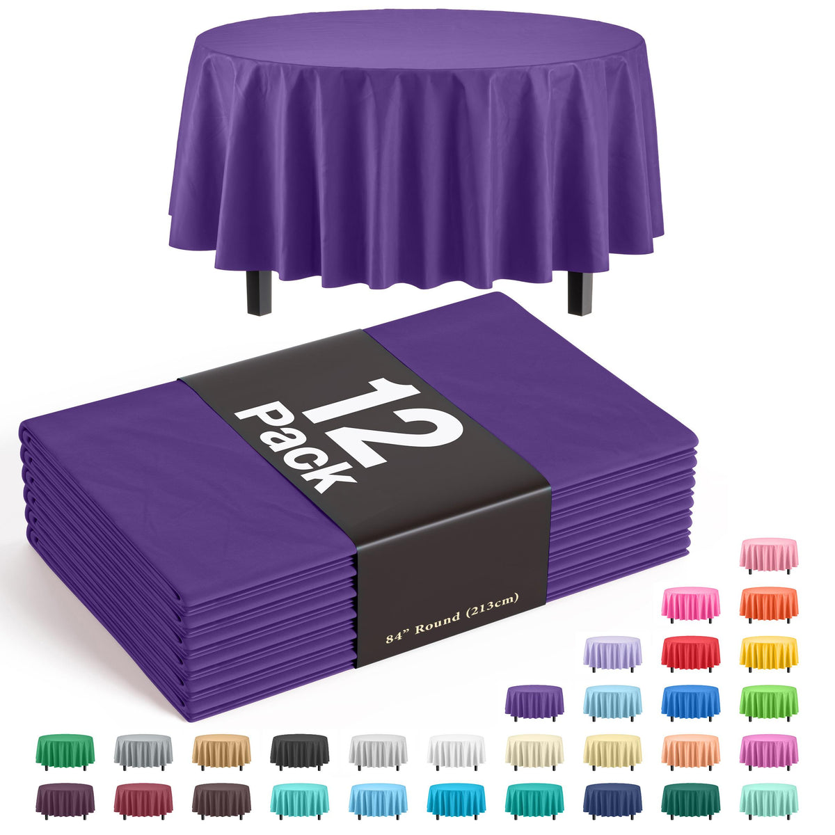 Premium Round Purple Plastic Table Covers | 12 Pack