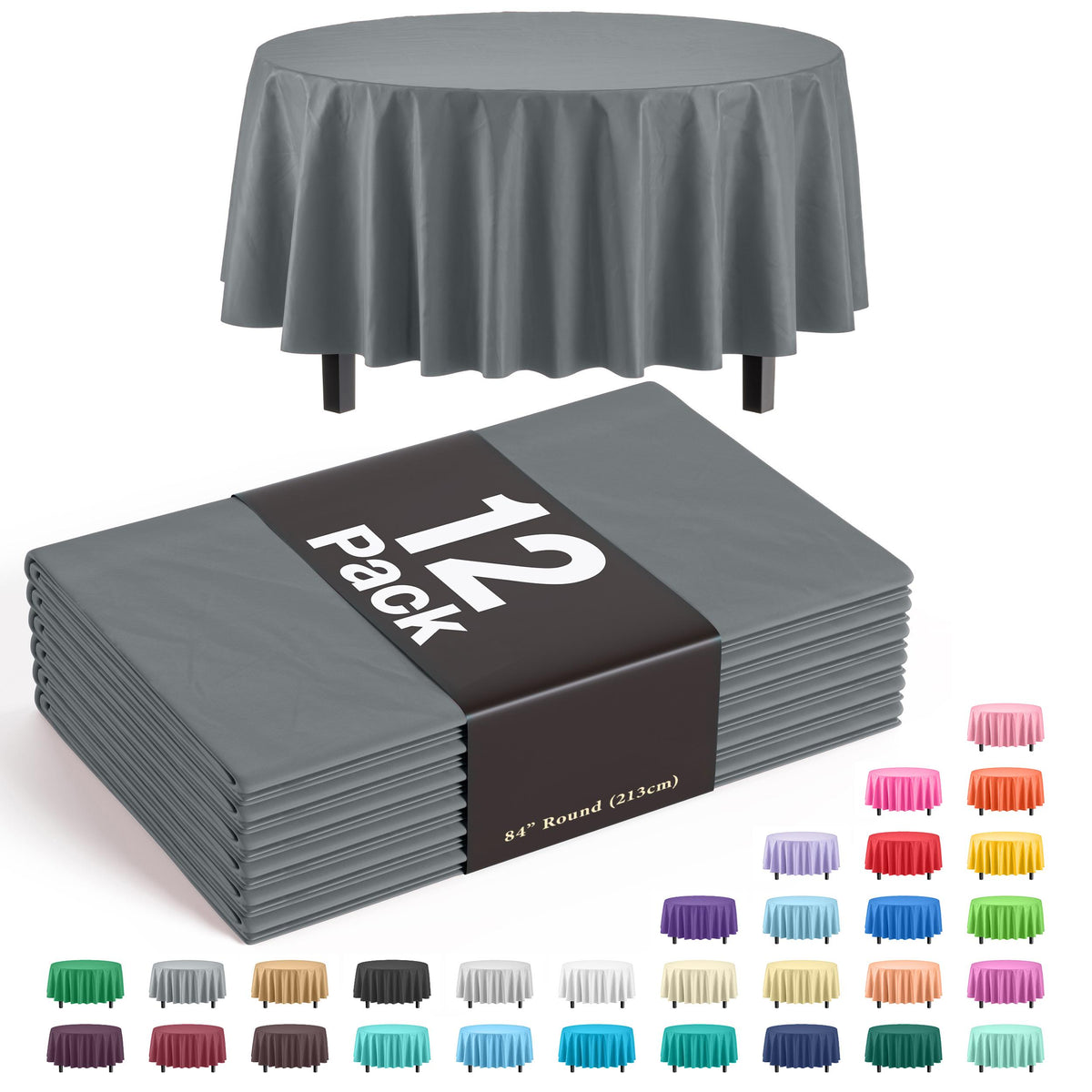 Premium Round Silver Plastic Table Covers | 12 Pack