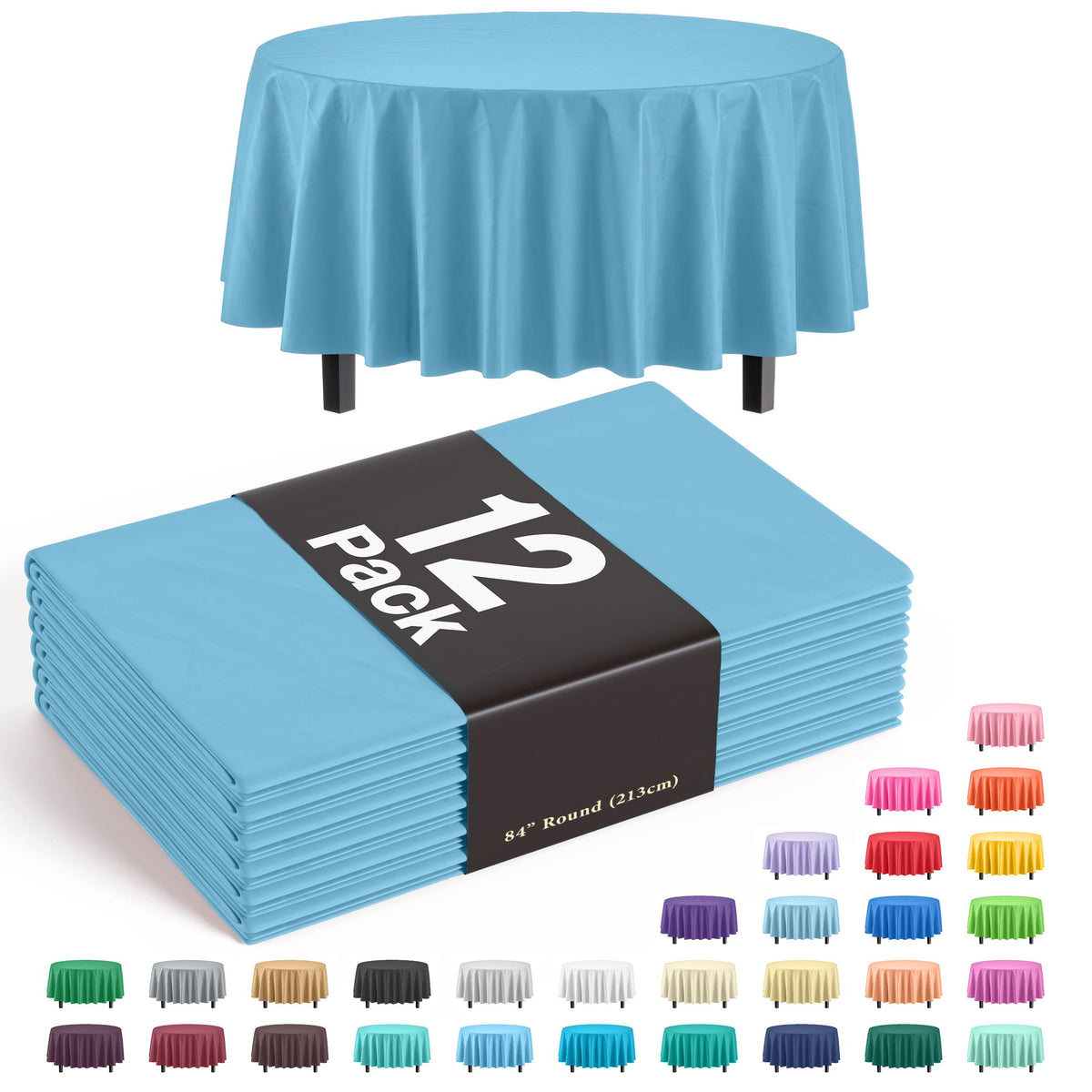 Round Sky Blue Plastic Table Covers | 12 Pack