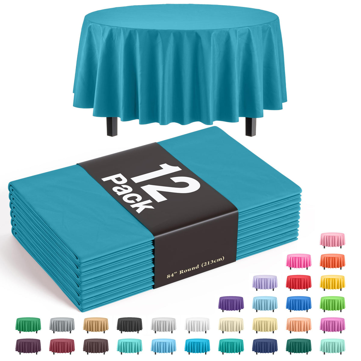 Round Turquoise Plastic Table Covers | 12 Pack