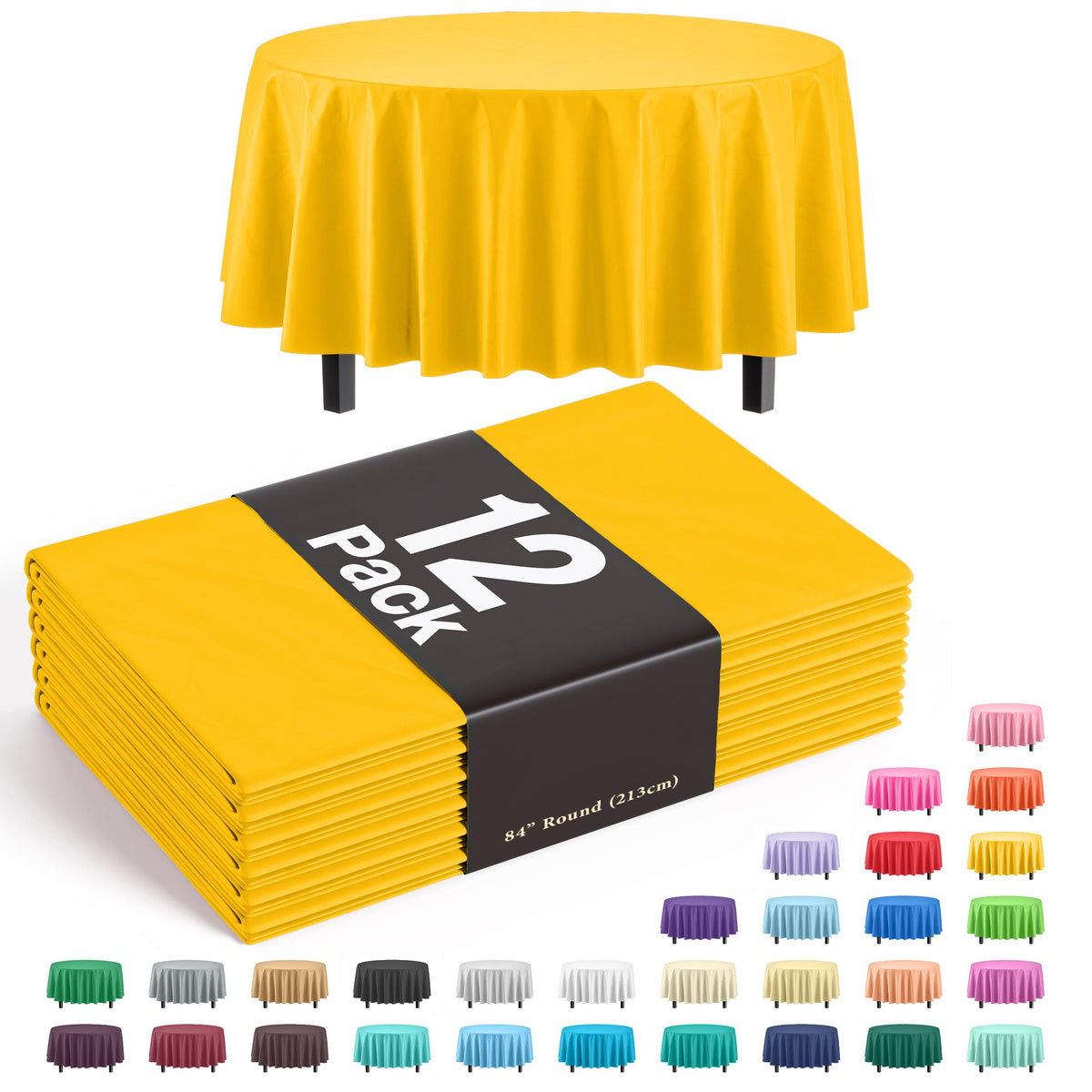 Premium Round Yellow Plastic Table Covers | 12 Pack